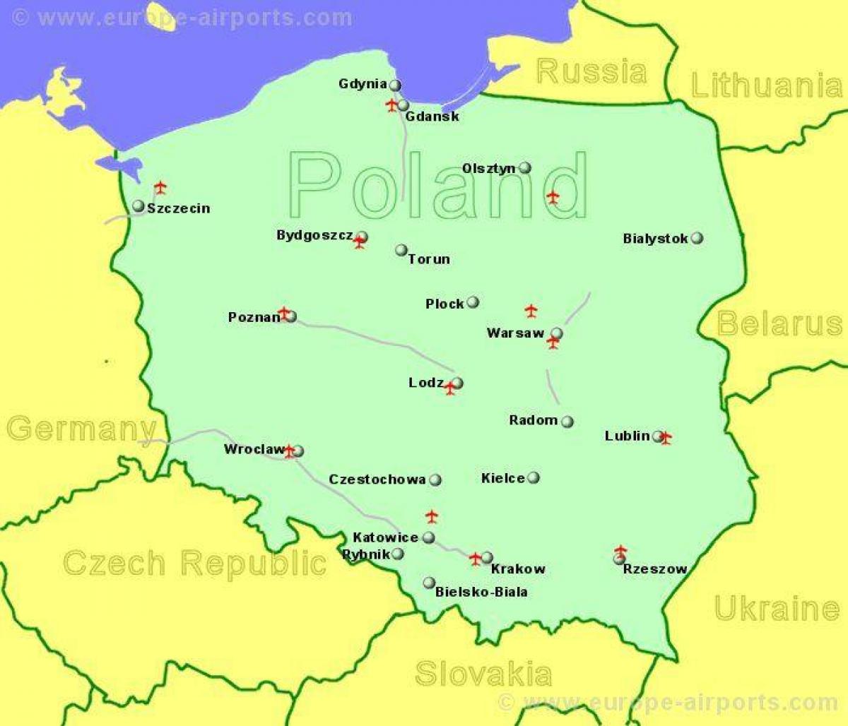 carte de la Pologne montrant les aéroports